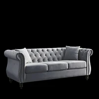 Grey Velvet Tufted 3-Seater Sofa with Pillows