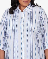 Alfred Dunner Plus Size Classic Jacquard Stripe Collared Button Front Top