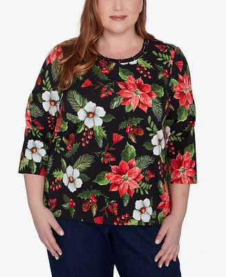 Alfred Dunner Plus Size Classic Poinsettia Classic Holiday Top