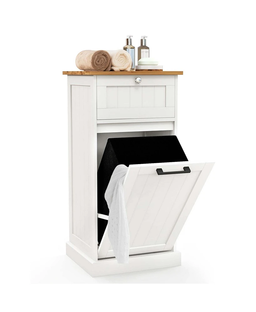 Costway Laundry Cabinet Freestanding Tilt Out Laundry Hamper with Basket Drawer Organizer