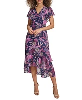 kensie Women's Printed Flutter-Sleeve Midi Dress