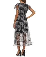 kensie Women's Embroidered-Palm V-Neck Mesh Midi Dress