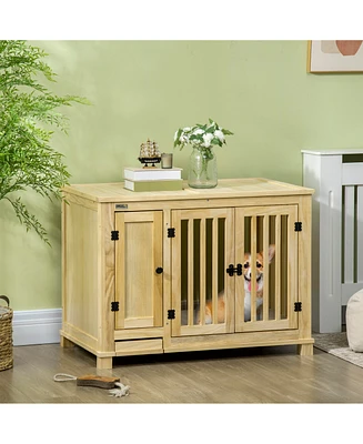 PawHut Small Dog Crate Furniture with Cabinet & Soft Chenille Fabric Cushion, Wooden Dog Crate End Table with Hidden Food Bowl in Drawer, Indoor Dog K