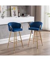 26 Inch Set Of 2 Bar Stools, With Chrome Footrest Velvet + Golden Leg Simple Barstool, Blue