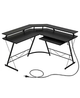 Costway L-shaped Computer Desk with Power Outlet 51" Corner Workstation Rustic