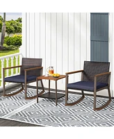 3 Pcs Patio Rattan Rocking Chair Bistro Set Armrest Cushion Table with Storage Shelf