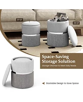 Costway Linen Fabric Storage Ottoman Set of 2 Modern Round Ottoman with Storage for Bedroom