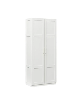 Simplie Fun High Wardrobe And Kitchen Cabinet With 2 Doors And 3 Partitions To Separate 4 Storage Spaces, White