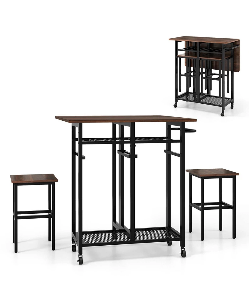 Costway 3 Pcs Rolling Dining Table Set Extendable Kitchen Table 2 Stools with Wine Rack