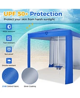 Costway Upf 50+ Beach Tent 6.6ft x 6.6ft Beach Cabana with Folding Table, 5 Sandbags