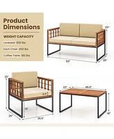 4 Pcs Acacia Wood Outdoor Sofa Set with Heavy Duty Metal Frame Soft Seat