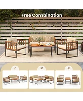 Costway 4 Pcs Acacia Wood Outdoor Sofa Set with Heavy Duty Metal Frame Soft Seat