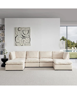 Streamdale Furniture Modular Sofa With Ottoman, Filled With Down, Soft Linen Fabric, Beige