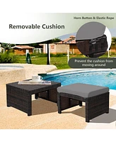Gymax Set of 2 Rattan Ottoman Footrest Footstool Patio Furniture w/ White Cushion