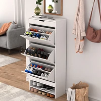 Mdf Wood 3 Tier Tipping Bucket Shoe Storage Cabinet - White Finish