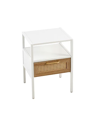 Simplie Fun Modern White Rattan End Table with Drawer and Metal Legs