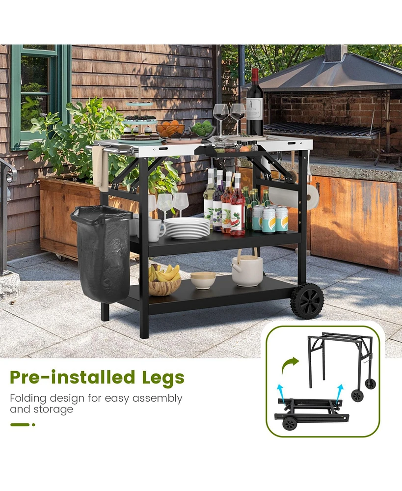 Slickblue 3 Tiers Foldable Outdoor Cart on 2 Wheels with Phone Holder-Black