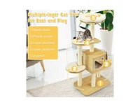 Slickblue 4 Levels Modern Wood Cat Tower with Washable Mats-Walnut