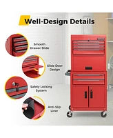 Slickblue 3-in-1 6-Drawer Rolling Tool Chest Storage Cabinet with Universal Wheels and Hooks-Red