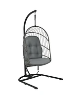 Gymax Hanging Hammock Egg Chair Patio Rattan Swing w/ Stand & Beige Cushions