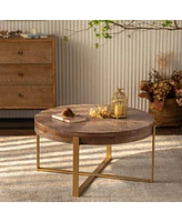 Simplie Fun 33.86"Modern Retro Splicing Round Coffee Table, Fir Wood Table Top With Gold Cross Legs Base