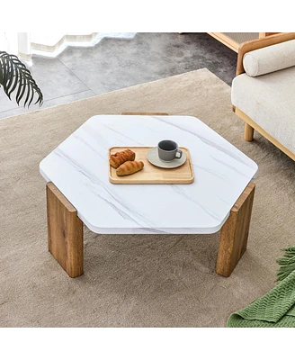 Simplie Fun Modern Mdf Coffee Table with White Top & Wooden Legs