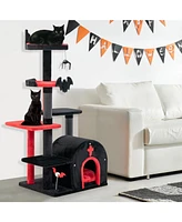 Slickblue Gothic Cat Tree 53" Tall Cat Tower with Cat Bed and Arch-Shaped Condo-Black - Red