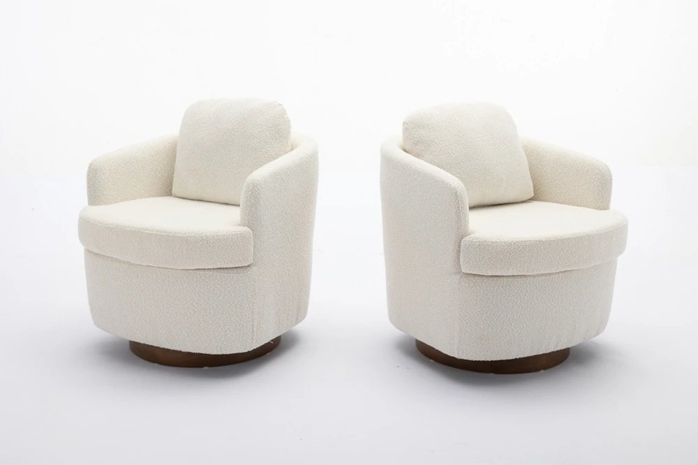 Boucle Fabric Swivel Accent Chair With Soild Wood Round Brown Base Leg