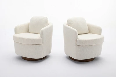 Boucle Fabric Swivel Accent Chair With Soild Wood Round Brown Base Leg