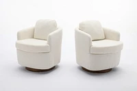 Boucle Fabric Swivel Accent Chair With Soild Wood Round Brown Base Leg