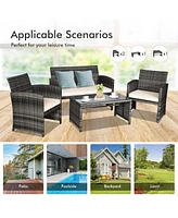 Sugift 4 Pieces Patio Rattan Furniture Set with Glass Table and Loveseat