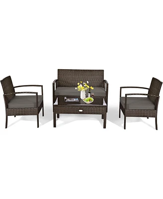 Sugift 4 Pieces Patio Rattan Cushioned Furniture Set with Loveseat and Table