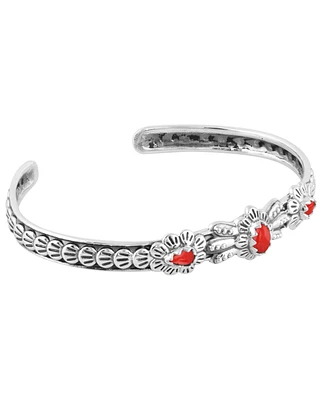 American West Jewelry Sterling Silver Women's Cuff Bracelet Coral Gemstone Flower Concha Design Small - Large