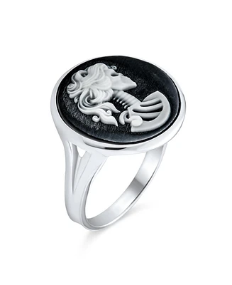 Bling Jewelry Cool Black White Round Bezel Female Lolita Skelton Cameo Ring For Women Biker Jewelry Rock Sterling Silver