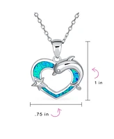 Bling Jewelry Created Blue Opal Inlay Nautical Ocean Marine Hawaiian Vacation Heart Starfish Sea Life Dolphin Dangling Pendant Necklace Sterling Silve