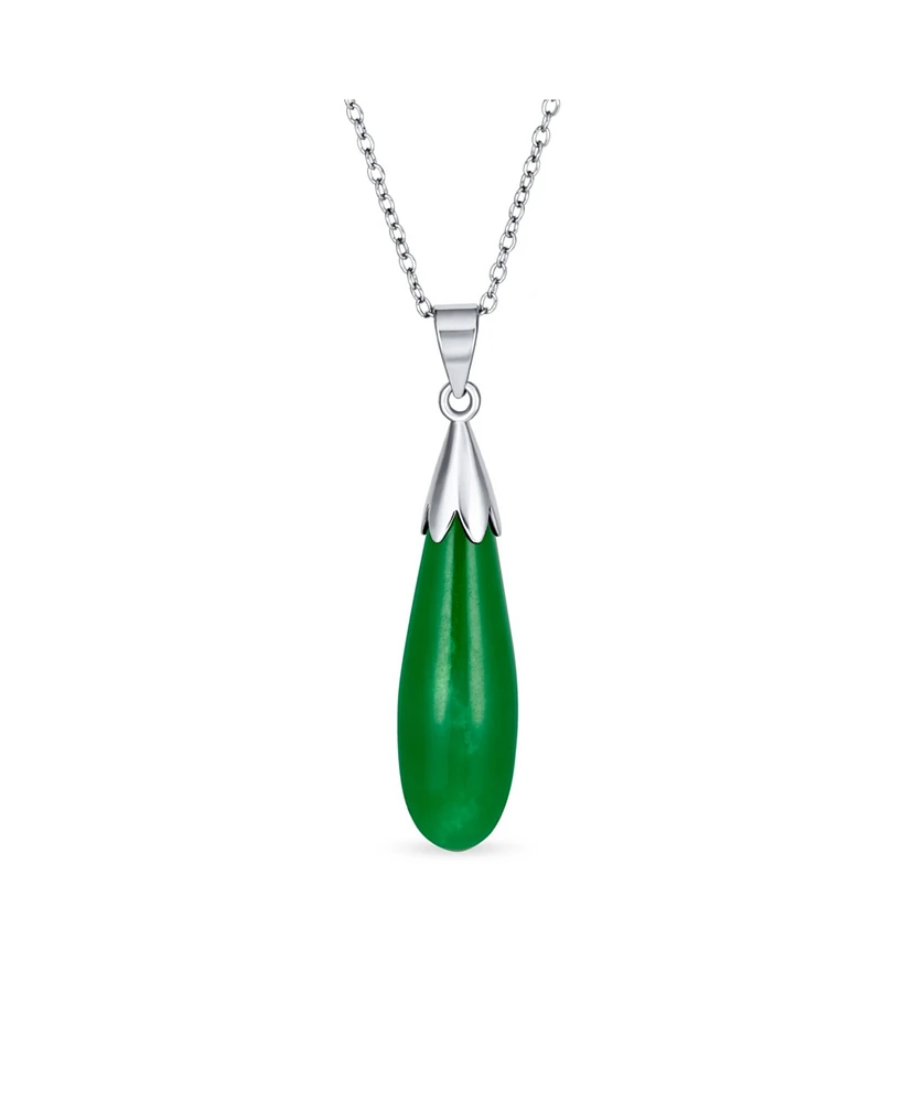 Bling Jewelry Classic Simplistic Green Natural Jade Elongated Teardrop Shaped Dangle Pendant Necklace For Women Sterling Silver