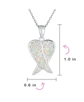 Bling Jewelry Love Created White Synthetic Opal Inlay Spiritual Guardian Angel Wings Feather Necklace Pendant For Women Sterling Silver