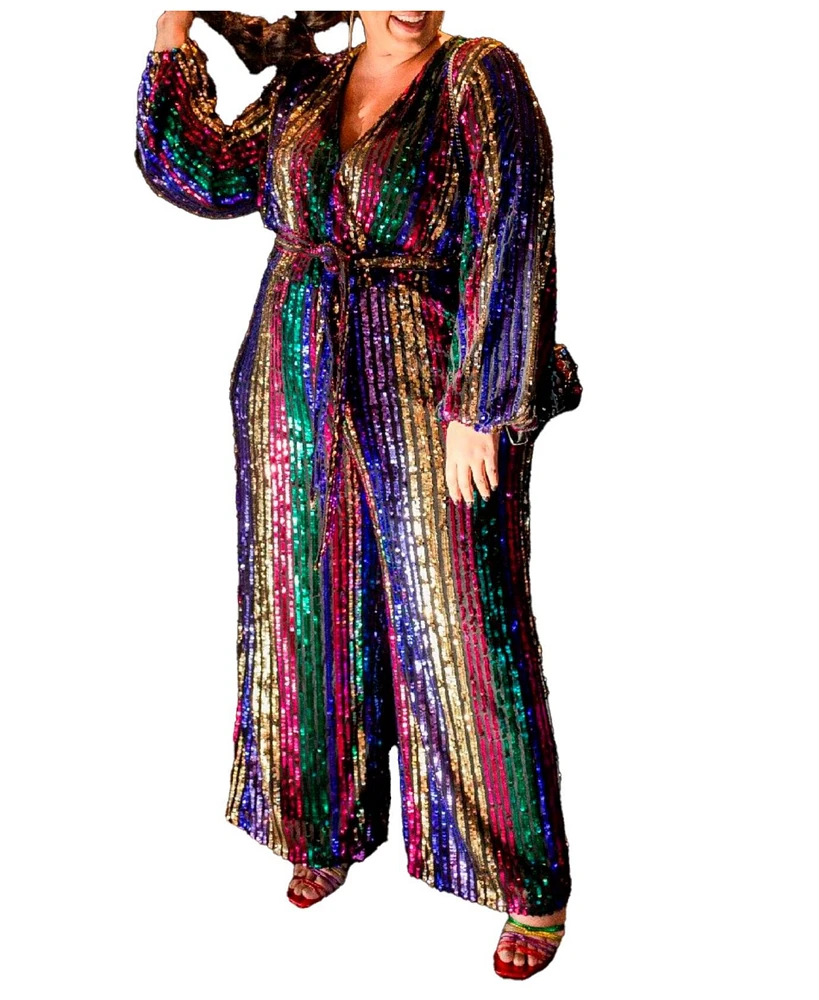 Eloquii Plus Multicolor Stripe Sequin Jumpsuit