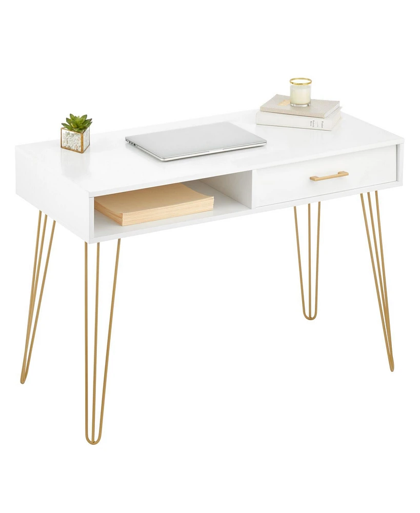 mDesign Metal/Wood Modern Computer Desk, Simple Desk w/ Drawer, White/Soft Brass