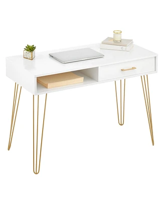 mDesign Metal/Wood Modern Computer Desk, Simple Desk w/ Drawer, White/Soft Brass