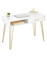 mDesign Metal/Wood Modern Computer Desk, Simple Desk w/ Drawer, White/Soft Brass