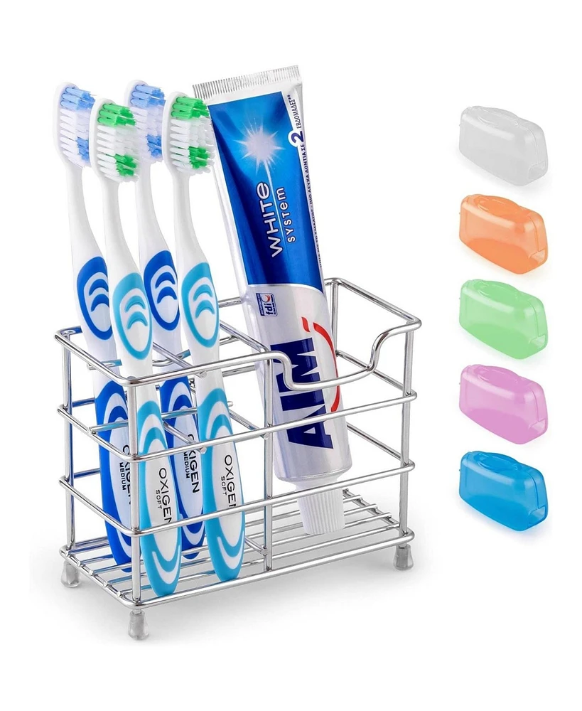 Zulay Kitchen Stainless Steel Toothbrush Holders with 5 Colorful Toothbrush Cases Included