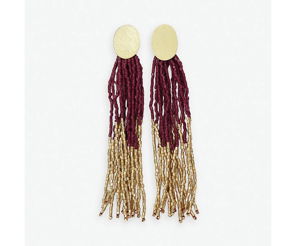 Mae Oval Brass Post 2-Color Beaded Tassel Earrings Red