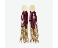 Mae Oval Brass Post 2-Color Beaded Tassel Earrings Red