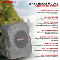 5 Core Outdoor Speakers Bluetooth Waterproof Linkable Tws Patio Pool Garden Wireless 10W Rms Solar Rock Speaker w Rgb Light