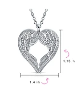 Bling Jewelry Pave Cubic Zirconia Cz Heart Kissing Feather Guardian Angel Wing Dangling Pendant Necklace For Women For Sterling Silver