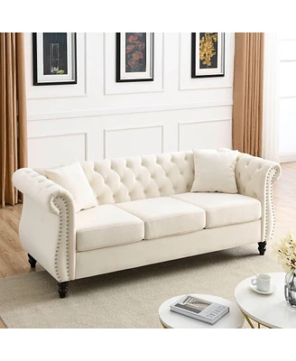 Simplie Fun Beige Velvet Chesterfield Sofa with Tufted Couch and Nailhead Trim