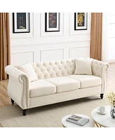 Simplie Fun Beige Velvet Chesterfield Sofa with Tufted Couch and Nailhead Trim