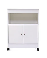 Simplie Fun White Wood Kitchen Microwave Cabinet Cart, 4 Wheels, Roomy Inner Space