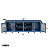 71" Stylish Tv Cabinet in Antique Blue, Solid Wood Frame, Glass Door & Metal Handle